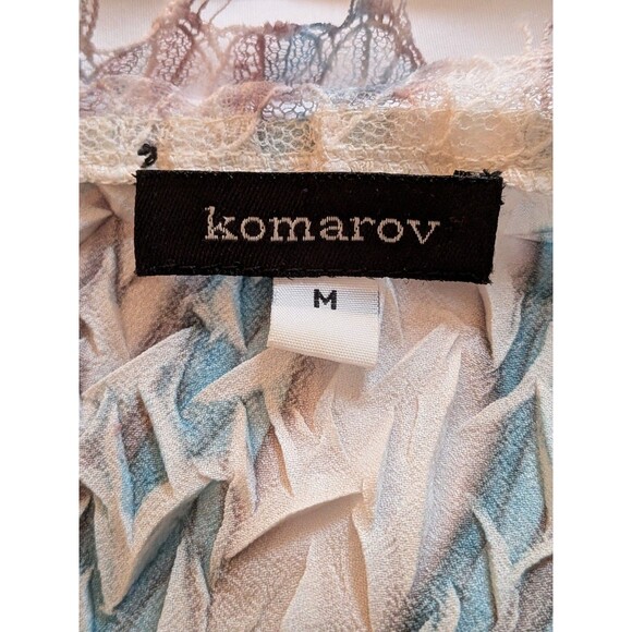 Komarov Blouse Women's M Crinkled Lace Blue Tan Vortex Abstract Art To Wear Boho - Picture 2 of 13